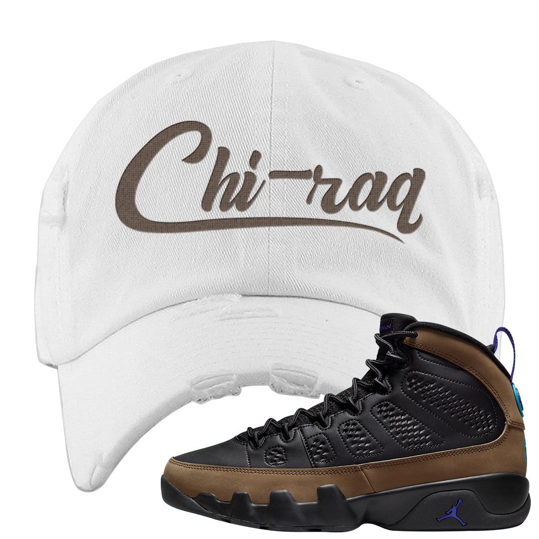 Light Olive 9s Distressed Dad Hat | Chiraq, White