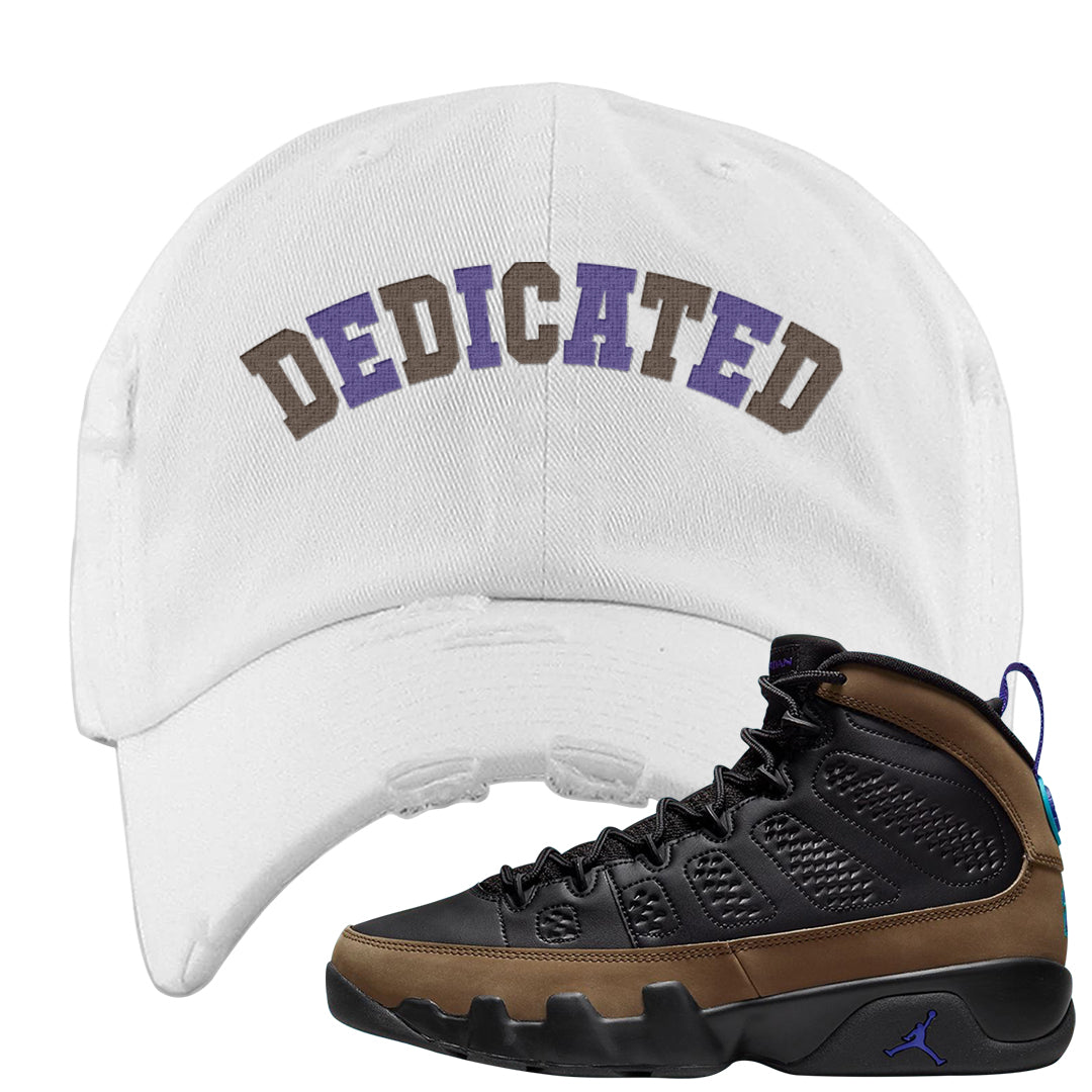 Light Olive 9s Distressed Dad Hat | Dedicated, White
