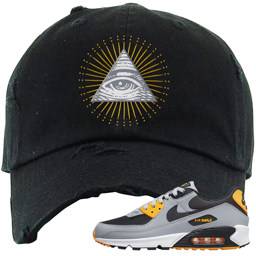 Black Grey Gold 90s Distressed Dad Hat | All Seeing Eye, Black