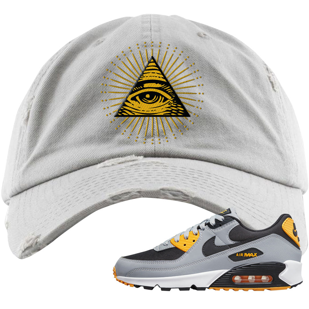 Black Grey Gold 90s Distressed Dad Hat | All Seeing Eye, Light Gray