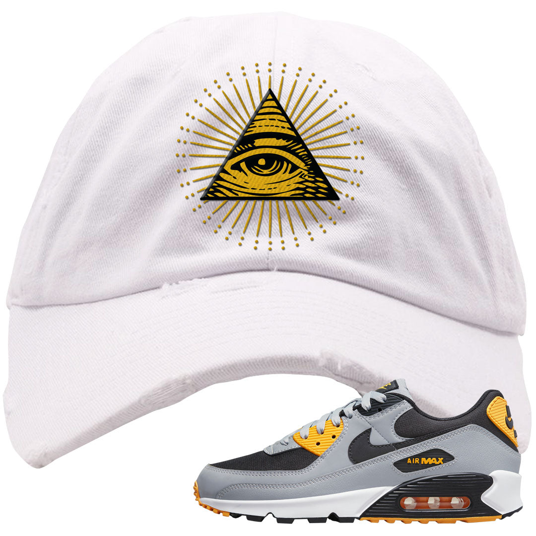 Black Grey Gold 90s Distressed Dad Hat | All Seeing Eye, White