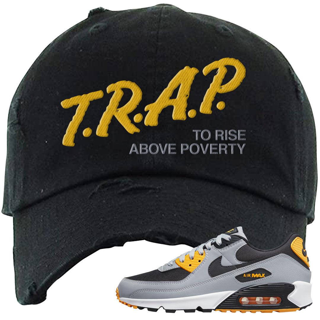 Black Grey Gold 90s Distressed Dad Hat | Trap To Rise Above Poverty, Black