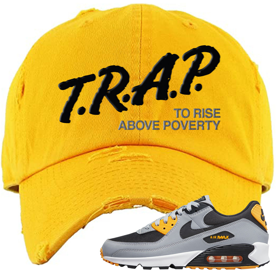 Black Grey Gold 90s Distressed Dad Hat | Trap To Rise Above Poverty, Gold