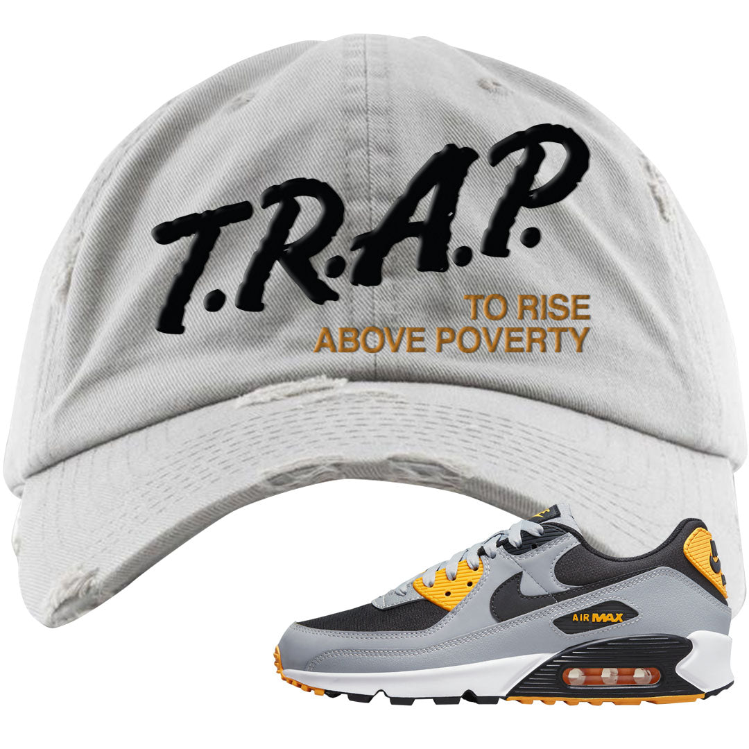 Black Grey Gold 90s Distressed Dad Hat | Trap To Rise Above Poverty, Light Gray