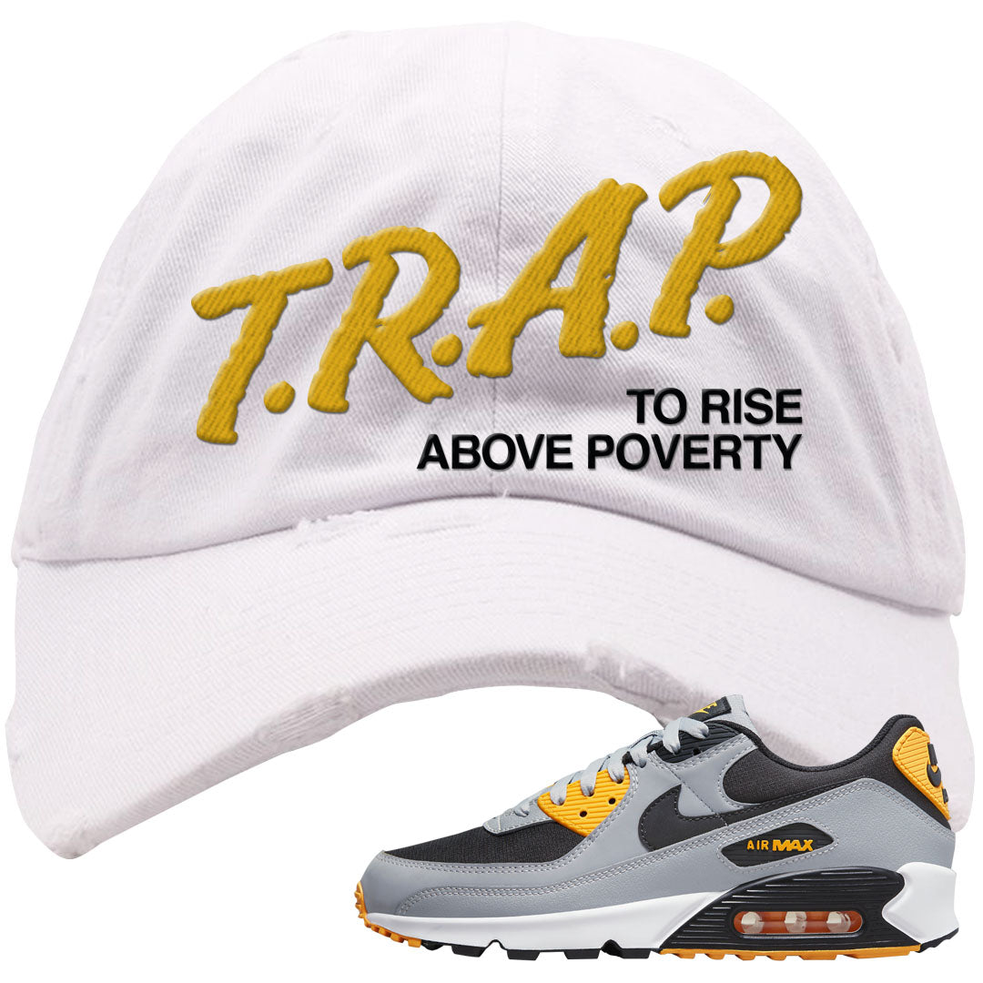 Black Grey Gold 90s Distressed Dad Hat | Trap To Rise Above Poverty, White