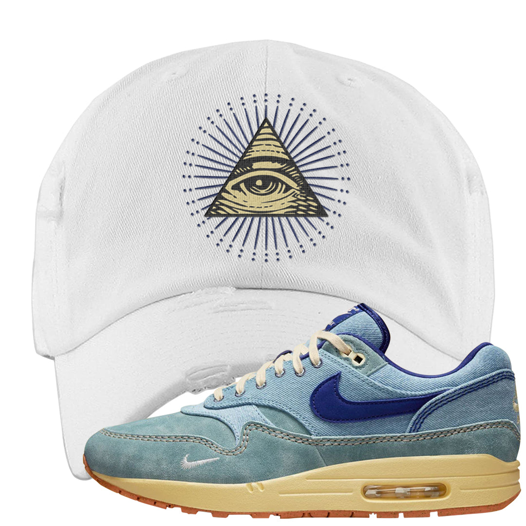 Dirty Denim Max 1s Distressed Dad Hat | All Seeing Eye, White