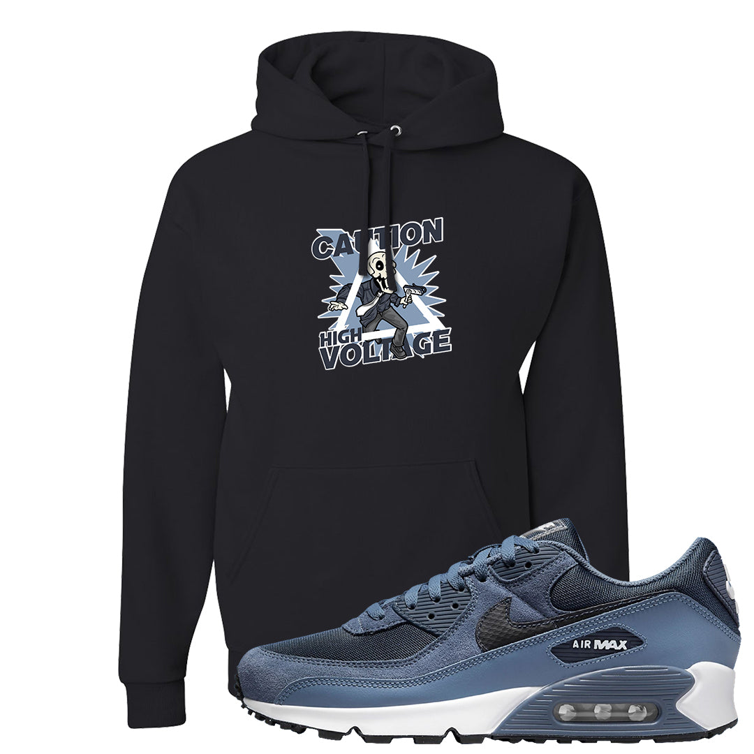 Diffused Blue 90s Hoodie | Caution High Voltage, Black