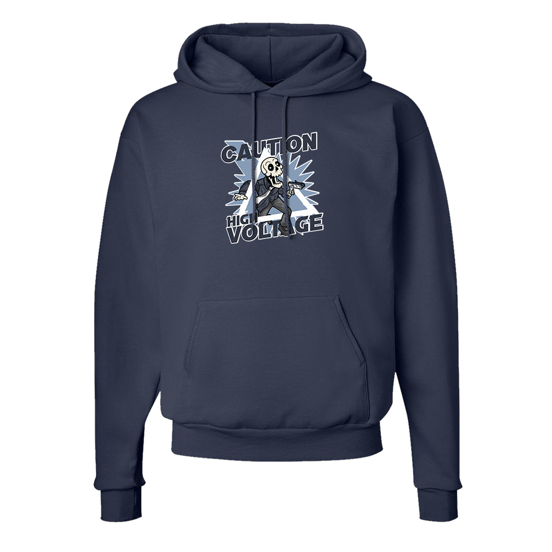 Diffused Blue 90s Hoodie | Caution High Voltage, Navy Blue