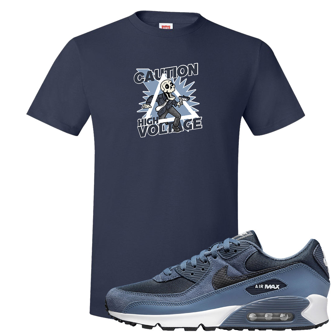 Diffused Blue 90s T Shirt | Caution High Voltage, Navy Blue