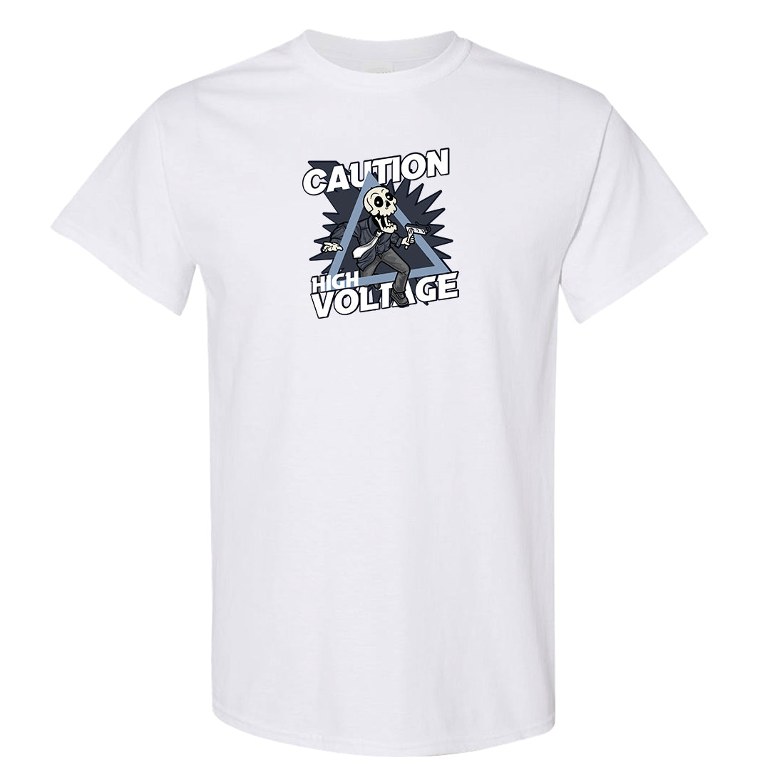 Diffused Blue 90s T Shirt | Caution High Voltage, White