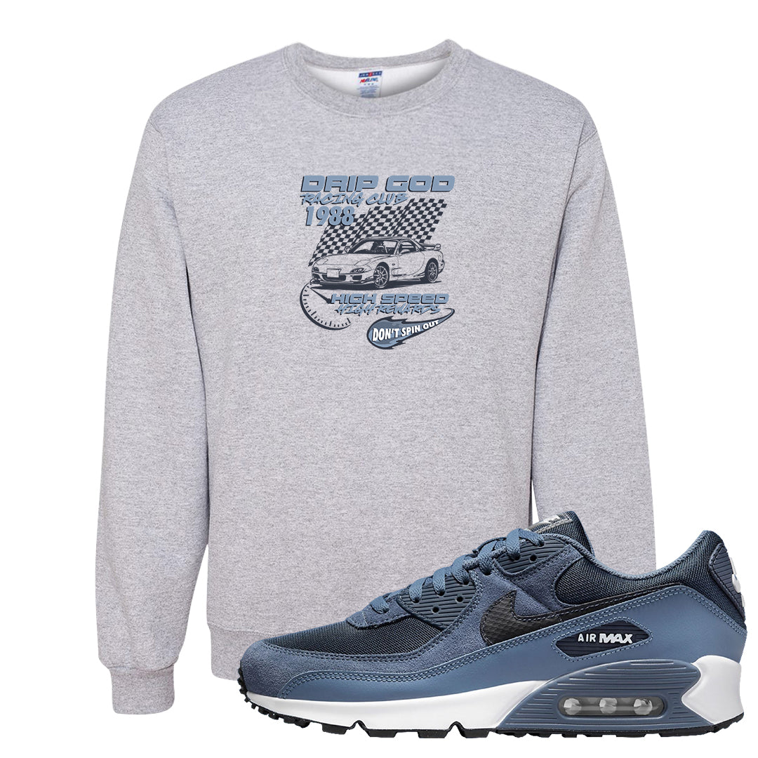 Diffused Blue 90s Crewneck Sweatshirt | Drip God Racing Club, Ash