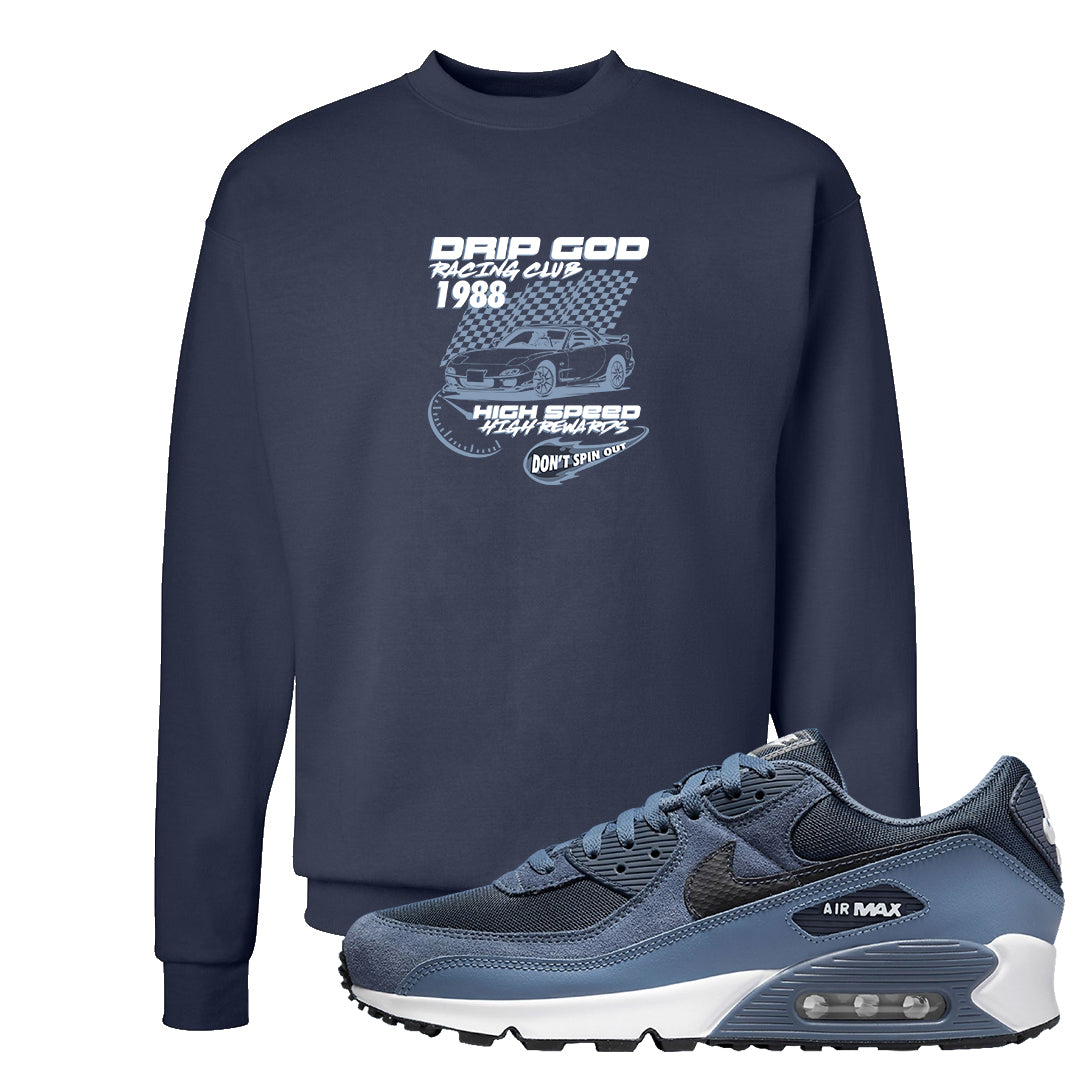 Diffused Blue 90s Crewneck Sweatshirt | Drip God Racing Club, Navy Blue