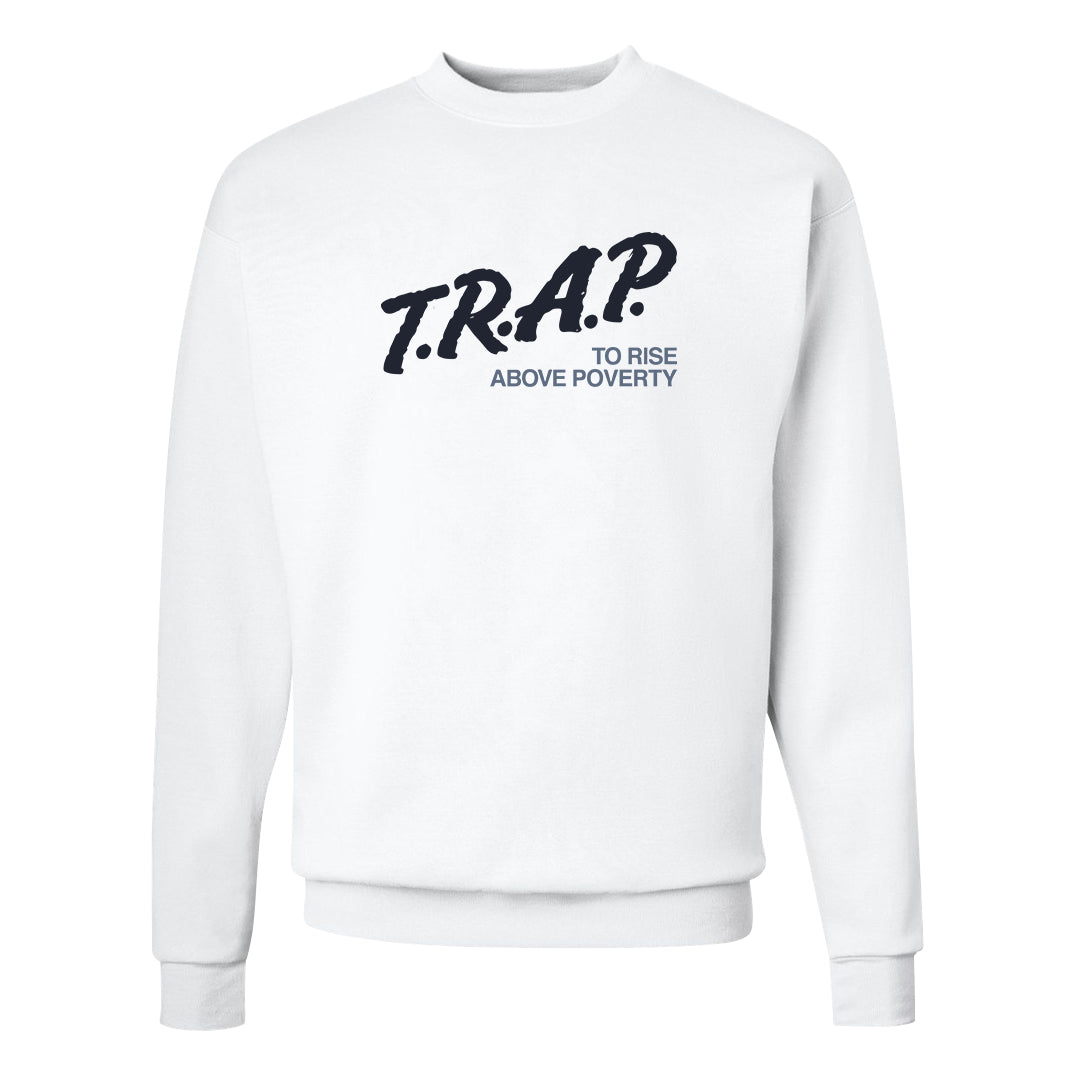 Diffused Blue 90s Crewneck Sweatshirt | Trap To Rise Above Poverty, White