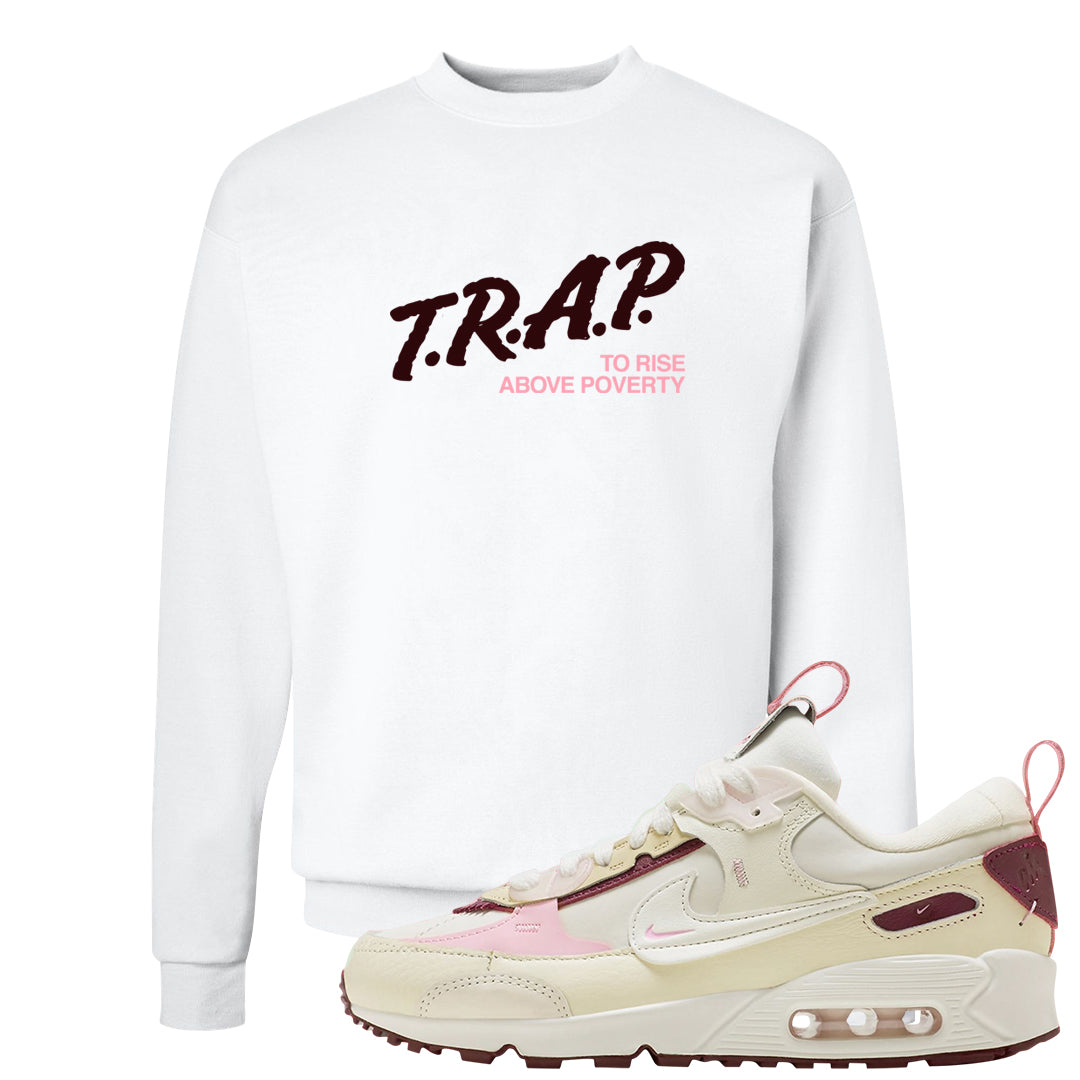 Valentine's Day 2023 Futura 90s Crewneck Sweatshirt | Trap To Rise Above Poverty, White