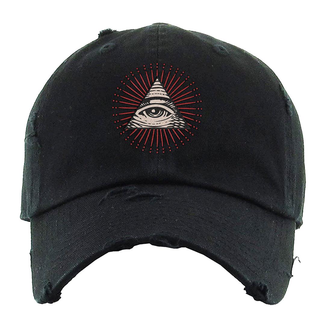 Pale Ivory Picante Red 90s Distressed Dad Hat | All Seeing Eye, Black