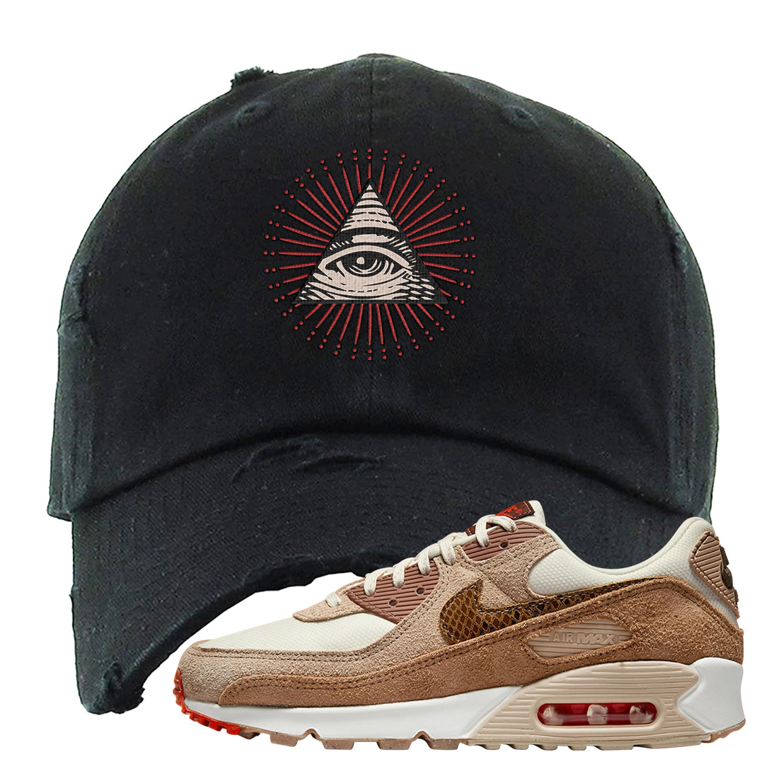Pale Ivory Picante Red 90s Distressed Dad Hat | All Seeing Eye, Black