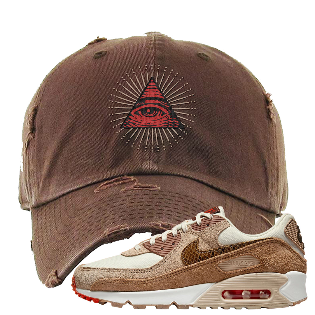 Pale Ivory Picante Red 90s Distressed Dad Hat | All Seeing Eye, Brown