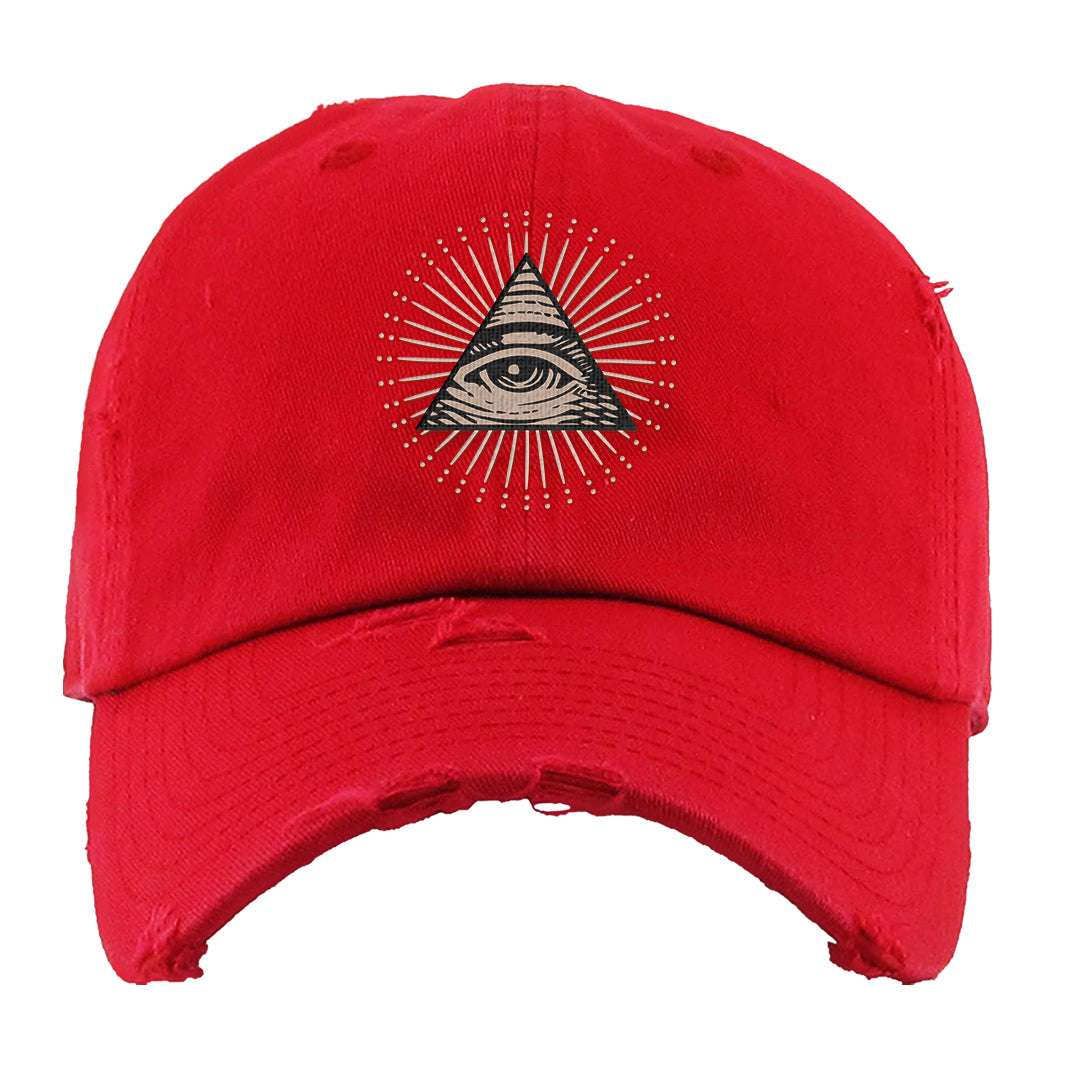 Pale Ivory Picante Red 90s Distressed Dad Hat | All Seeing Eye, Red