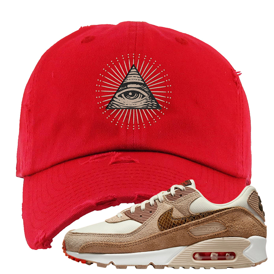 Pale Ivory Picante Red 90s Distressed Dad Hat | All Seeing Eye, Red
