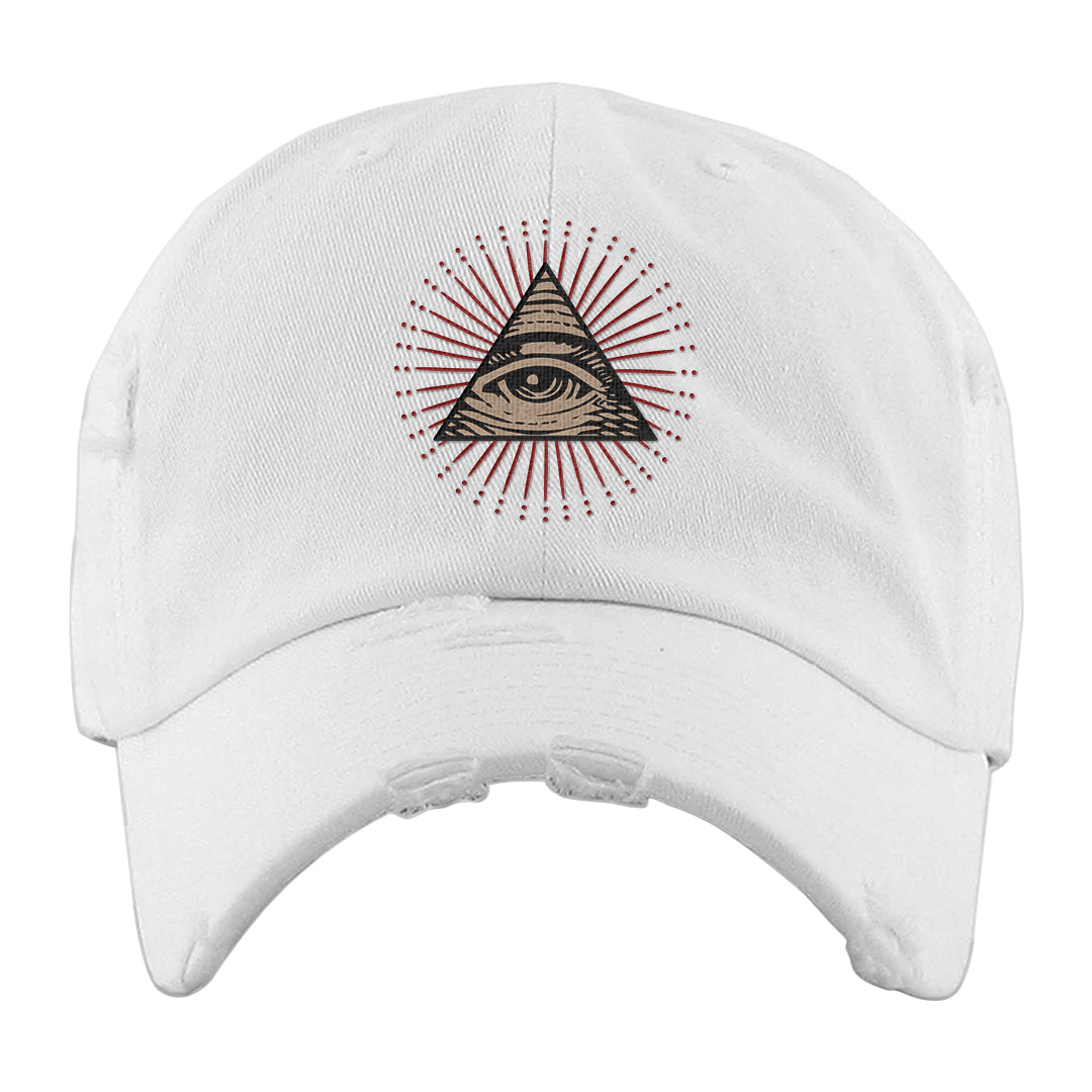 Pale Ivory Picante Red 90s Distressed Dad Hat | All Seeing Eye, White