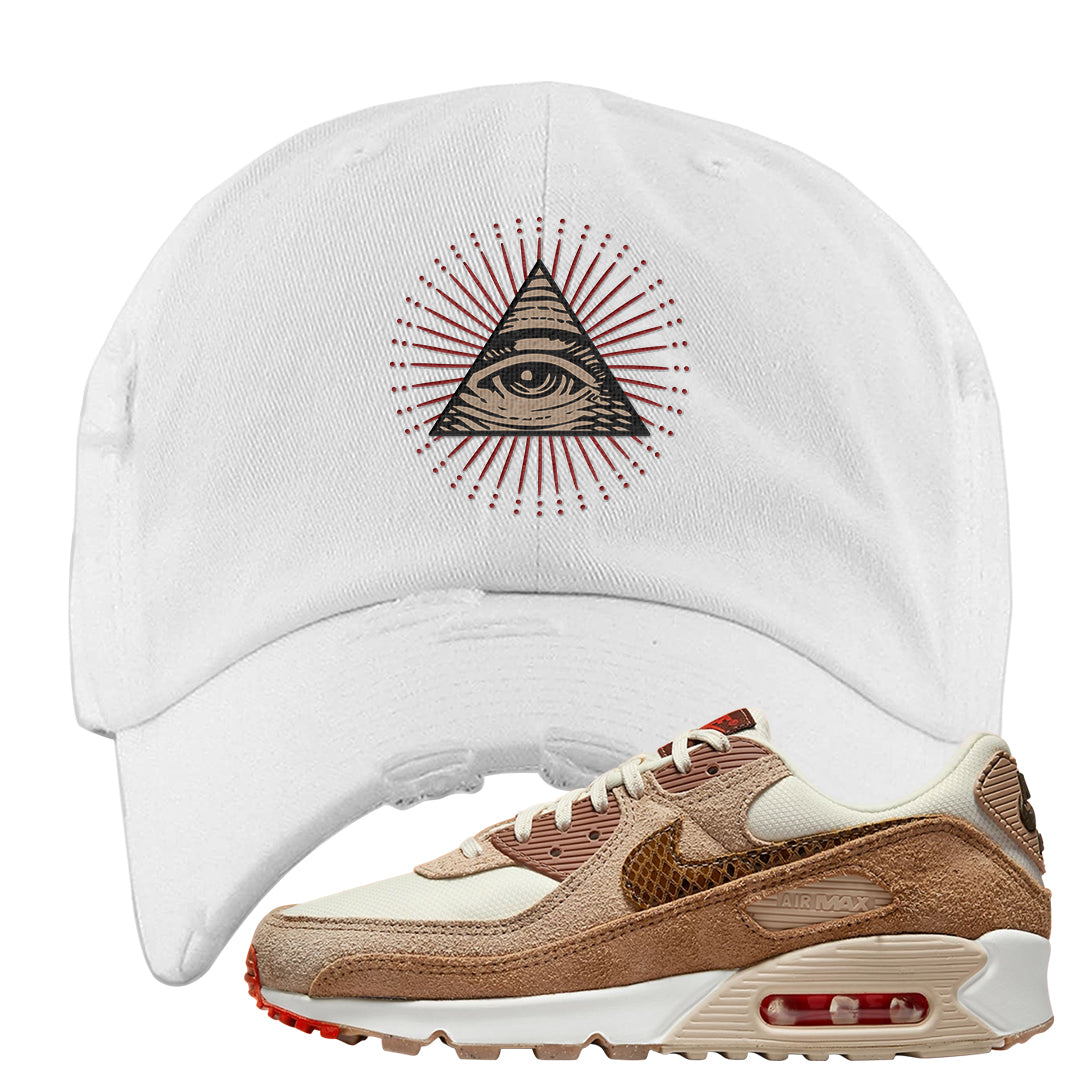 Pale Ivory Picante Red 90s Distressed Dad Hat | All Seeing Eye, White