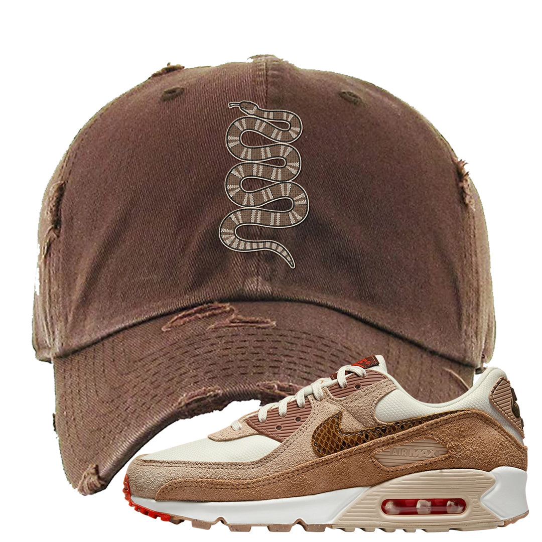 Pale Ivory Picante Red 90s Distressed Dad Hat | Coiled Snake, Brown