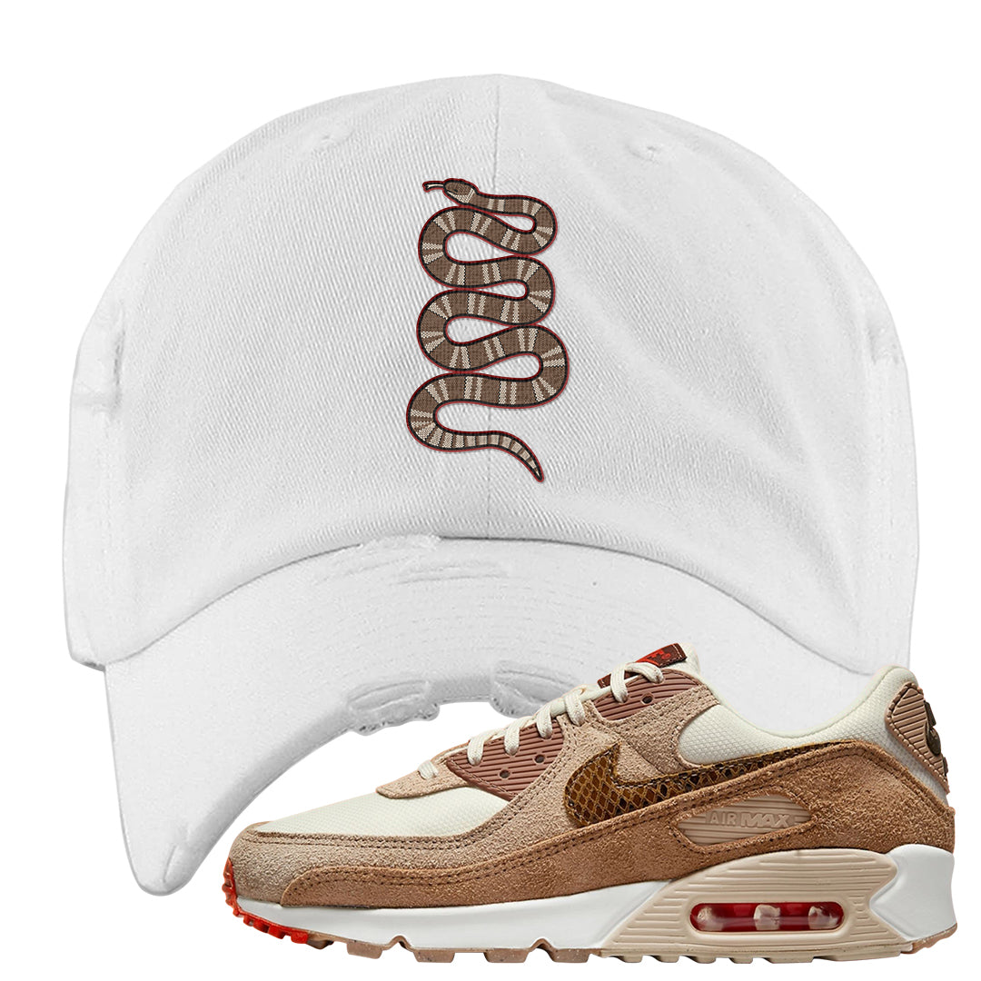 Pale Ivory Picante Red 90s Distressed Dad Hat | Coiled Snake, White