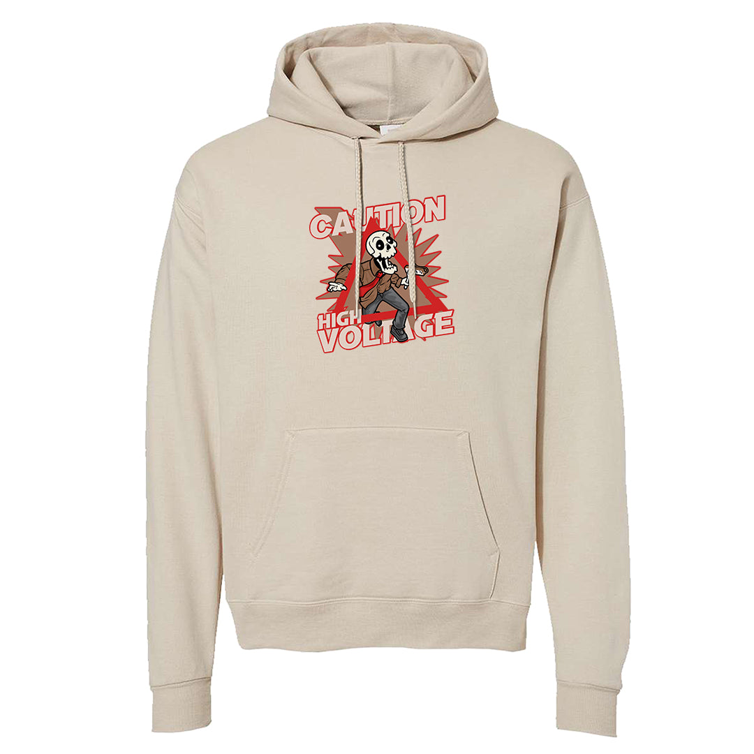 Pale Ivory Picante Red 90s Hoodie | Caution High Voltage, Sand