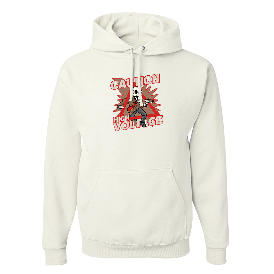 Pale Ivory Picante Red 90s Hoodie | Caution High Voltage, White