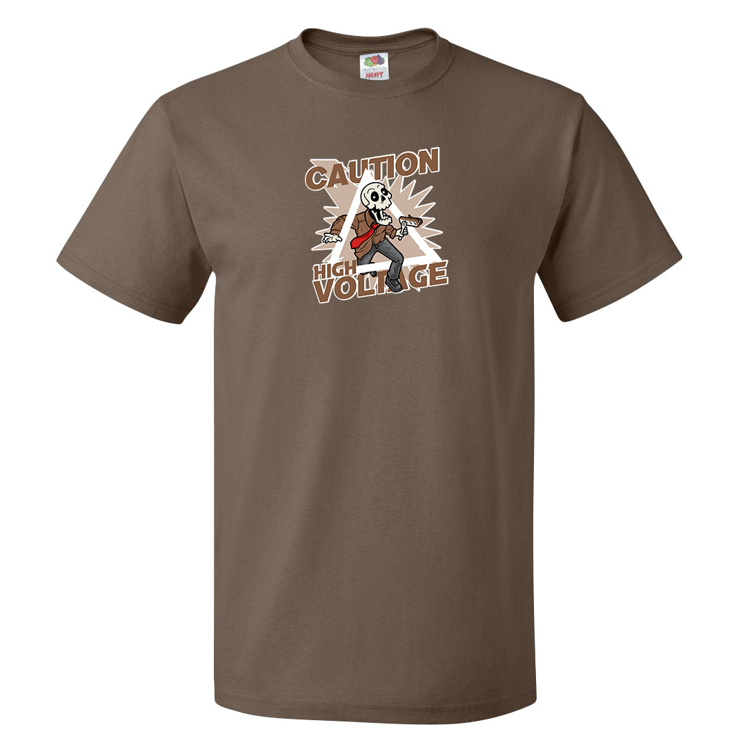 Pale Ivory Picante Red 90s T Shirt | Caution High Voltage, Chocolate