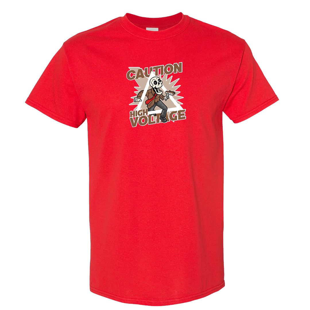 Pale Ivory Picante Red 90s T Shirt | Caution High Voltage, Red
