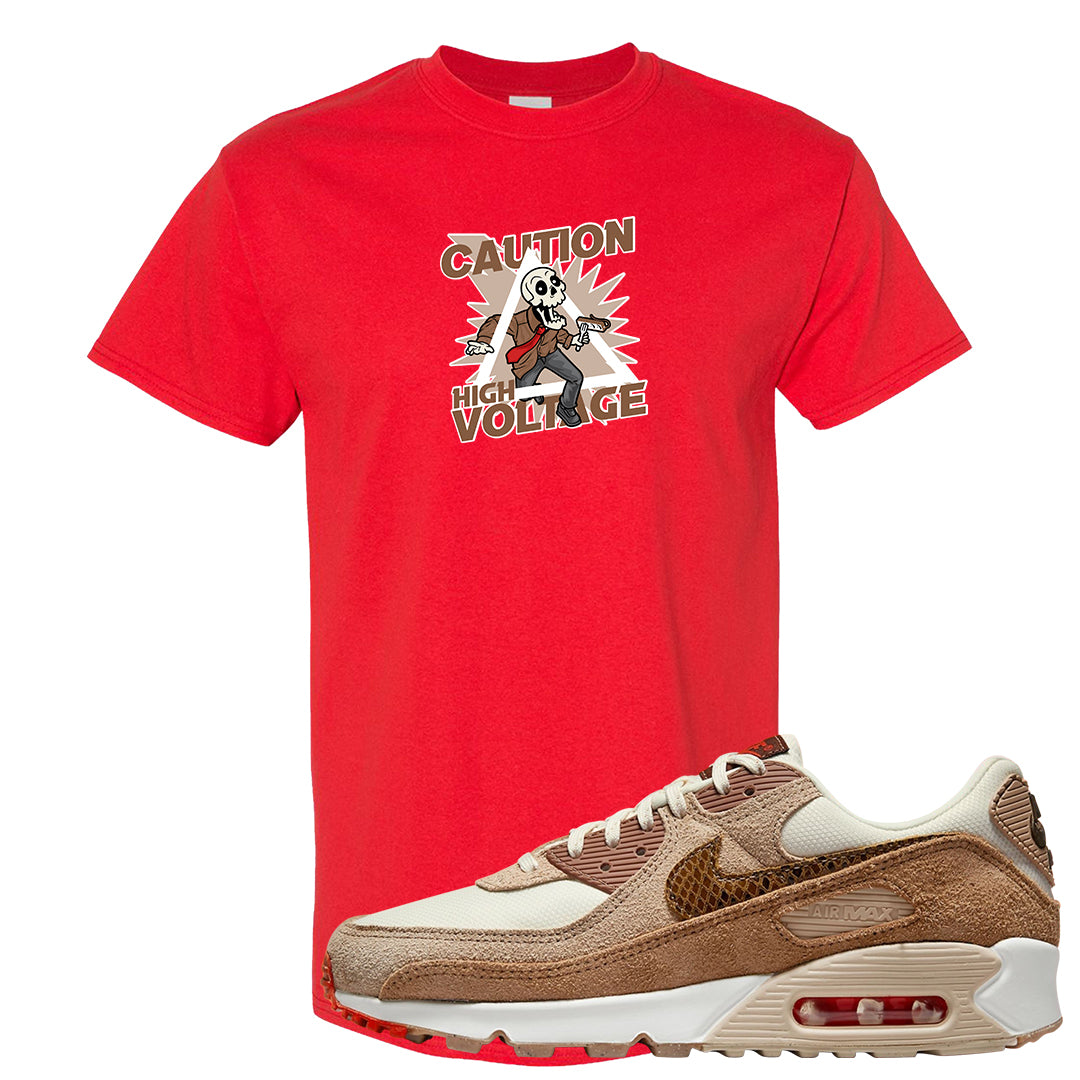 Pale Ivory Picante Red 90s T Shirt | Caution High Voltage, Red