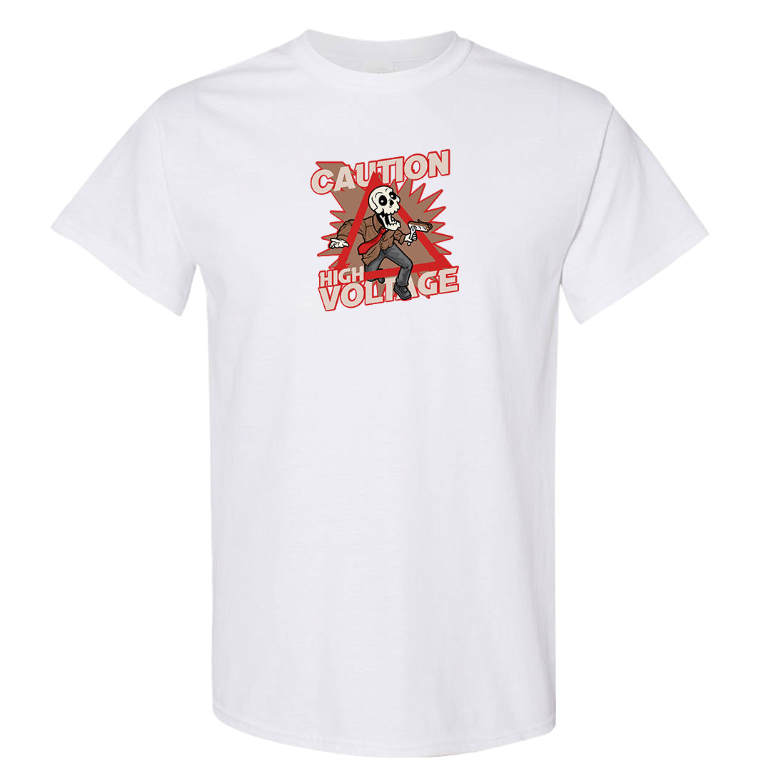 Pale Ivory Picante Red 90s T Shirt | Caution High Voltage, White