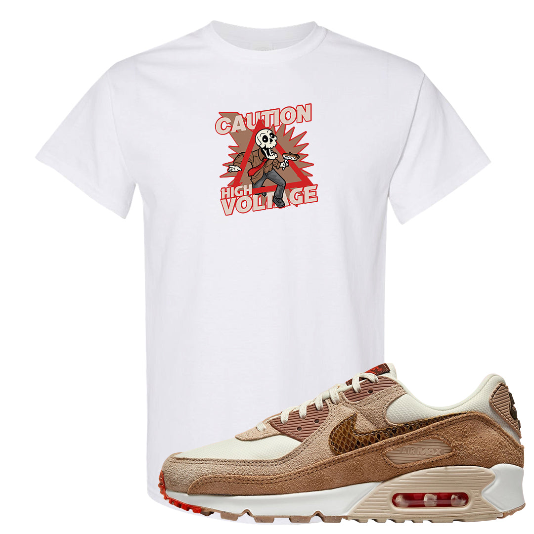 Pale Ivory Picante Red 90s T Shirt | Caution High Voltage, White