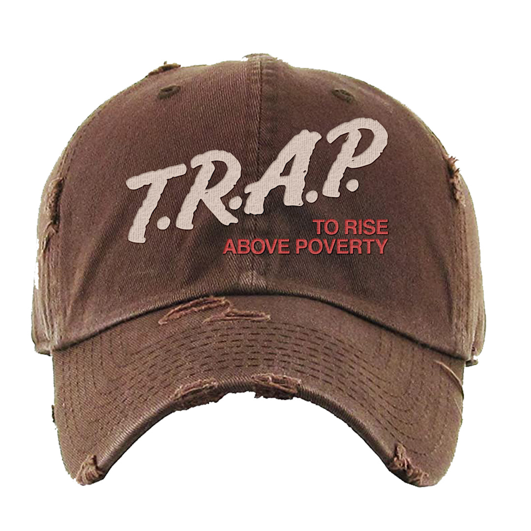 Pale Ivory Picante Red 90s Distressed Dad Hat | Trap To Rise Above Poverty, Brown