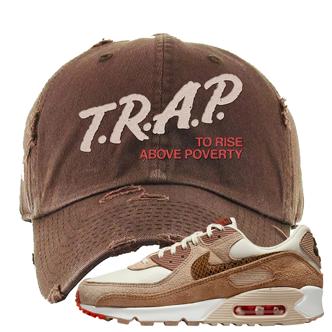 Pale Ivory Picante Red 90s Distressed Dad Hat | Trap To Rise Above Poverty, Brown