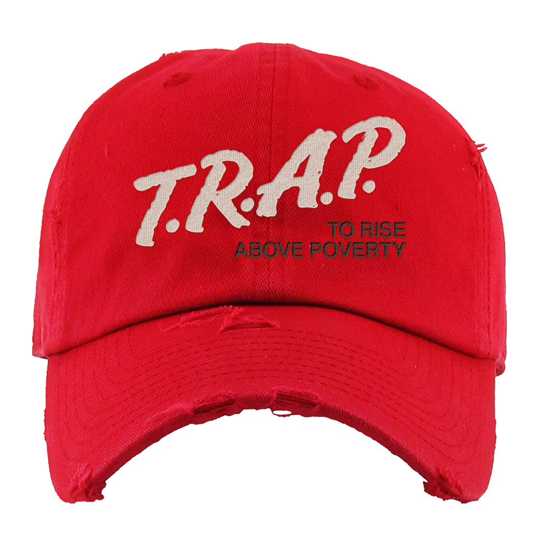 Pale Ivory Picante Red 90s Distressed Dad Hat | Trap To Rise Above Poverty, Red