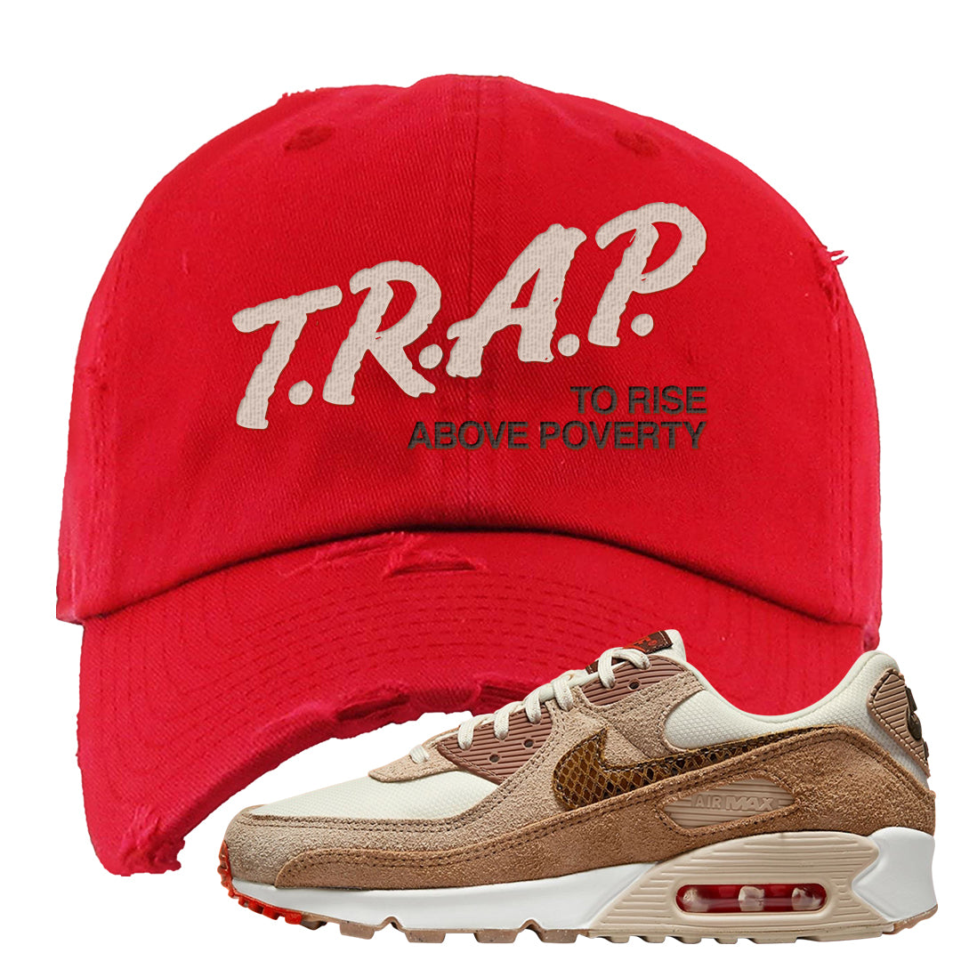 Pale Ivory Picante Red 90s Distressed Dad Hat | Trap To Rise Above Poverty, Red