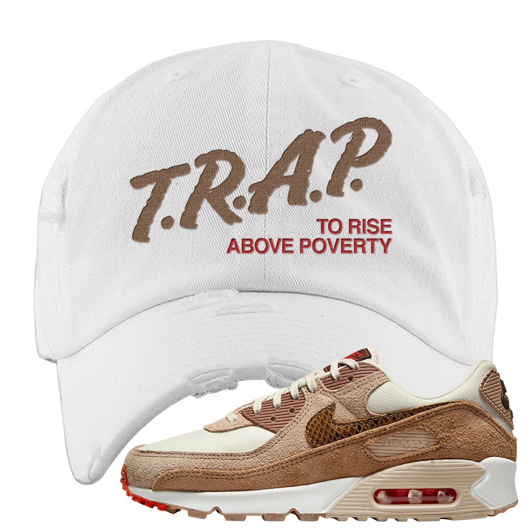 Pale Ivory Picante Red 90s Distressed Dad Hat | Trap To Rise Above Poverty, White