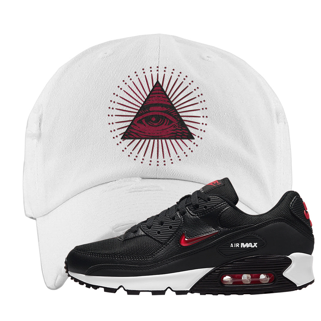 Jewel Bred 90s Distressed Dad Hat | All Seeing Eye, White