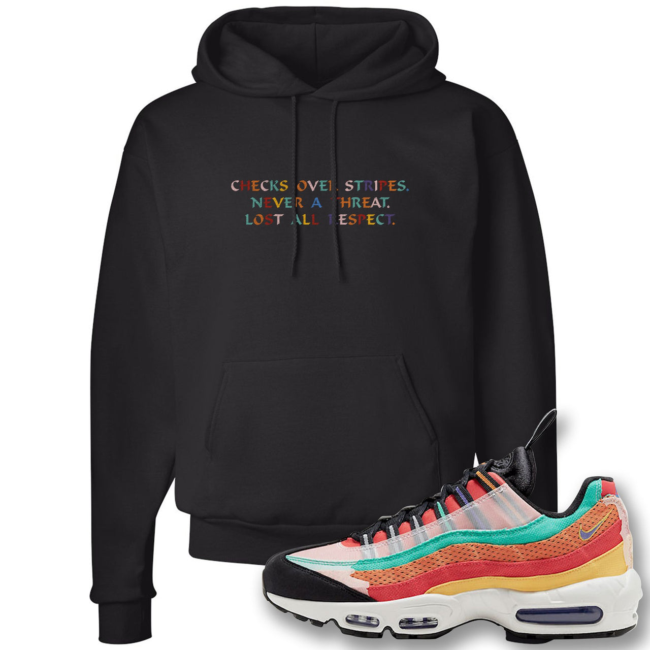 Air Max 95 Black History Month Sneaker Black Pullover Hoodie | Crewneck to match Nike Air Max 95 Black History Month Shoes | Checks Over Stripes