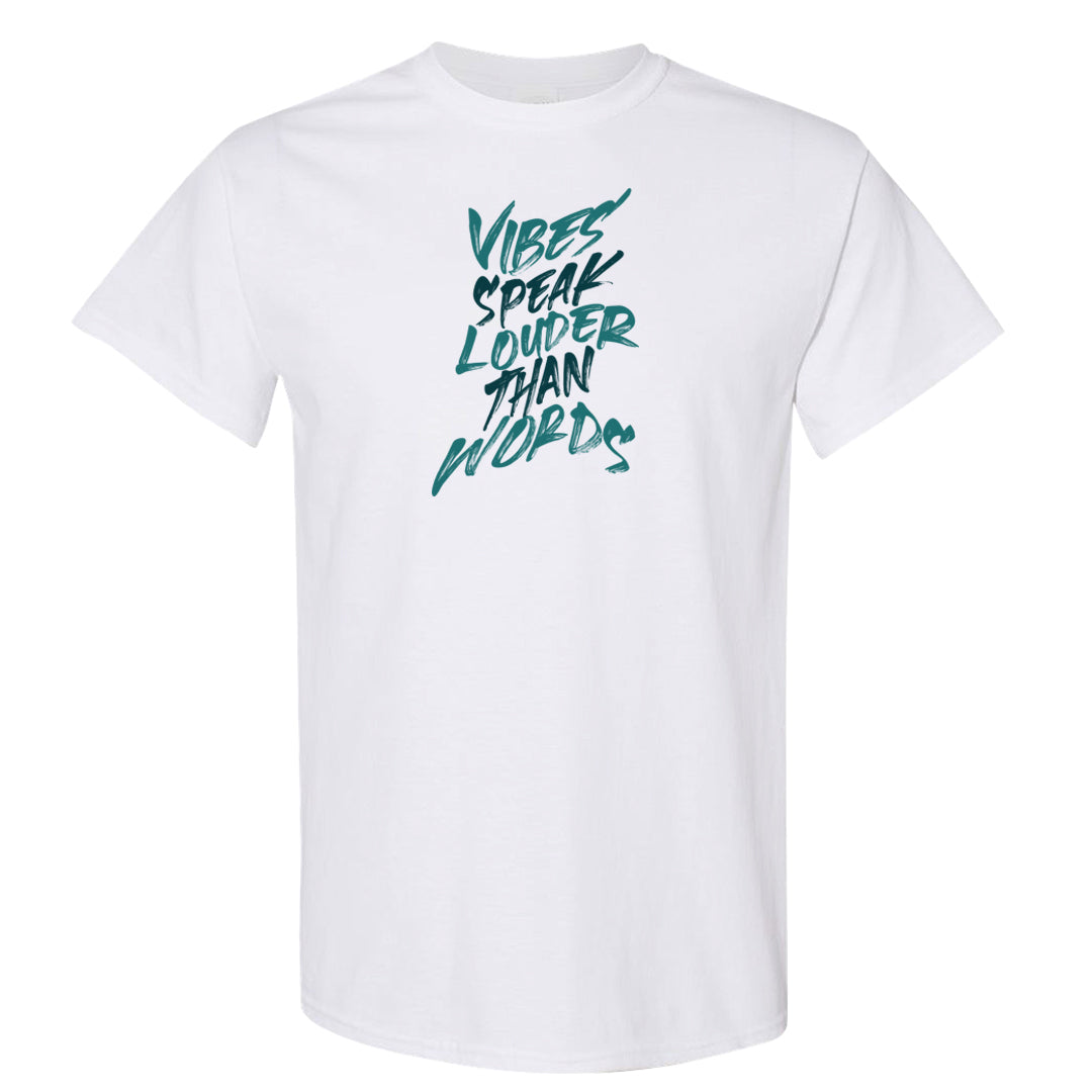 Green Velvet 95s T Shirt | Vibes Speak Louder Than Words, White