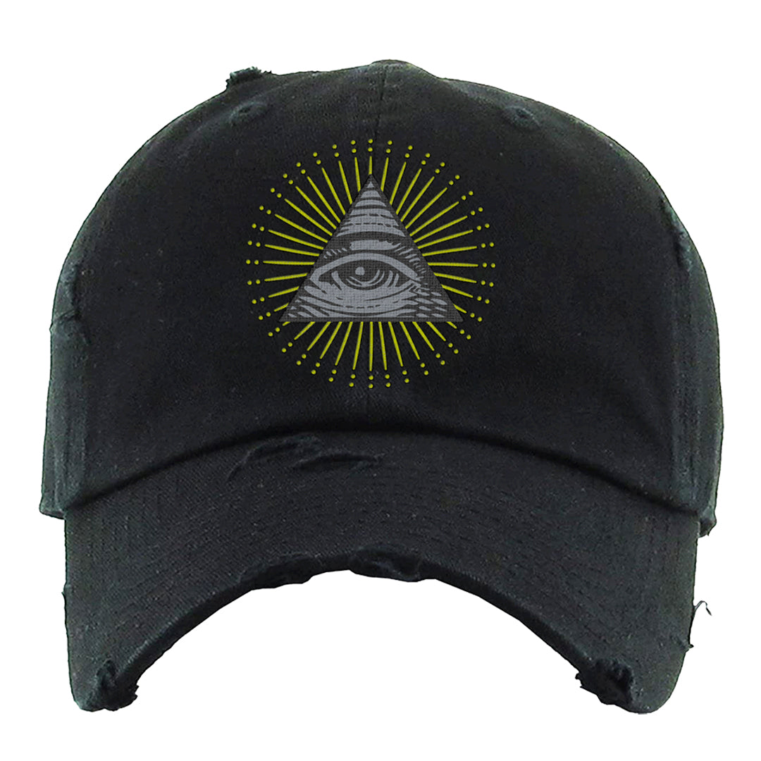 Atlantic Blue Voltage Yellow 97s Distressed Dad Hat | All Seeing Eye, Black