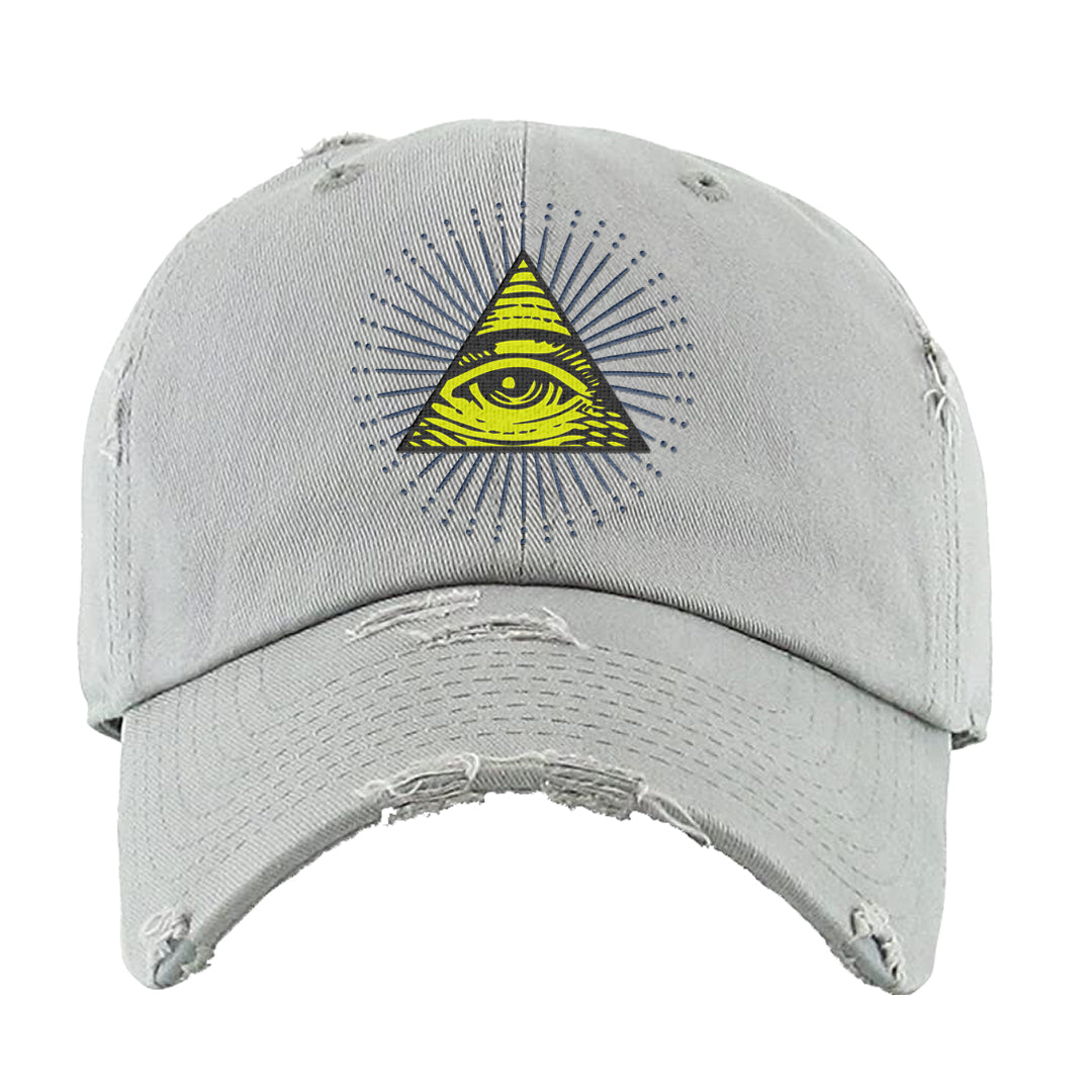 Atlantic Blue Voltage Yellow 97s Distressed Dad Hat | All Seeing Eye, Light Grey