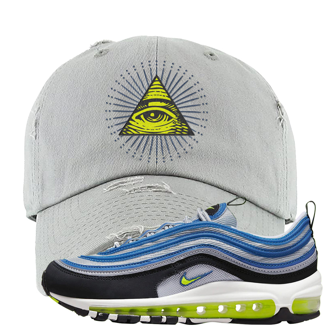 Atlantic Blue Voltage Yellow 97s Distressed Dad Hat | All Seeing Eye, Light Grey