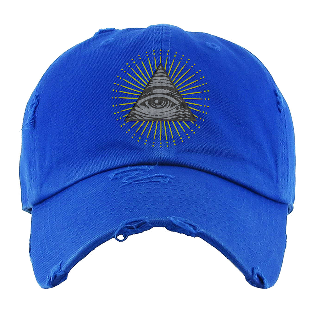 Atlantic Blue Voltage Yellow 97s Distressed Dad Hat | All Seeing Eye, Royal