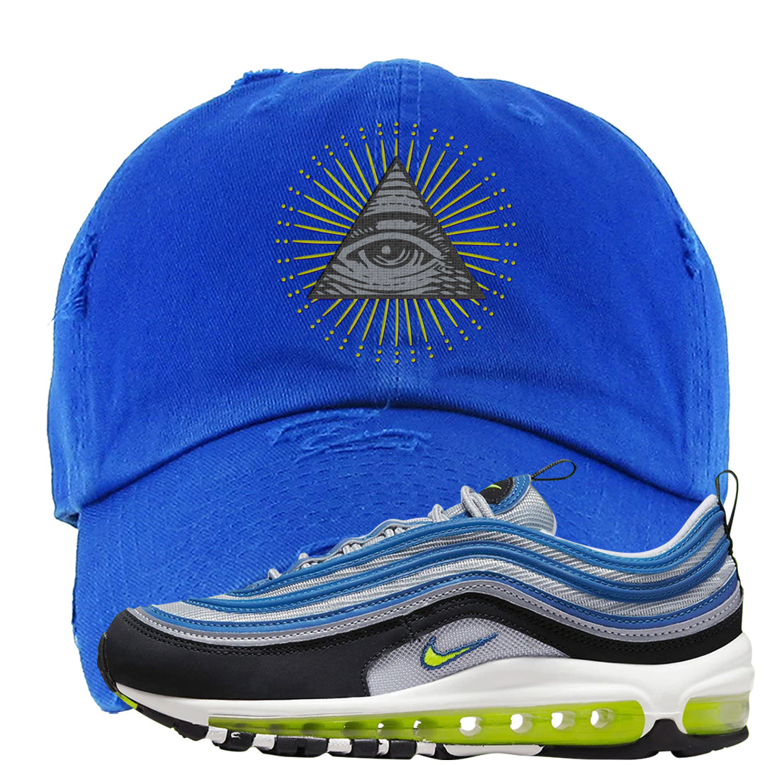 Atlantic Blue Voltage Yellow 97s Distressed Dad Hat | All Seeing Eye, Royal