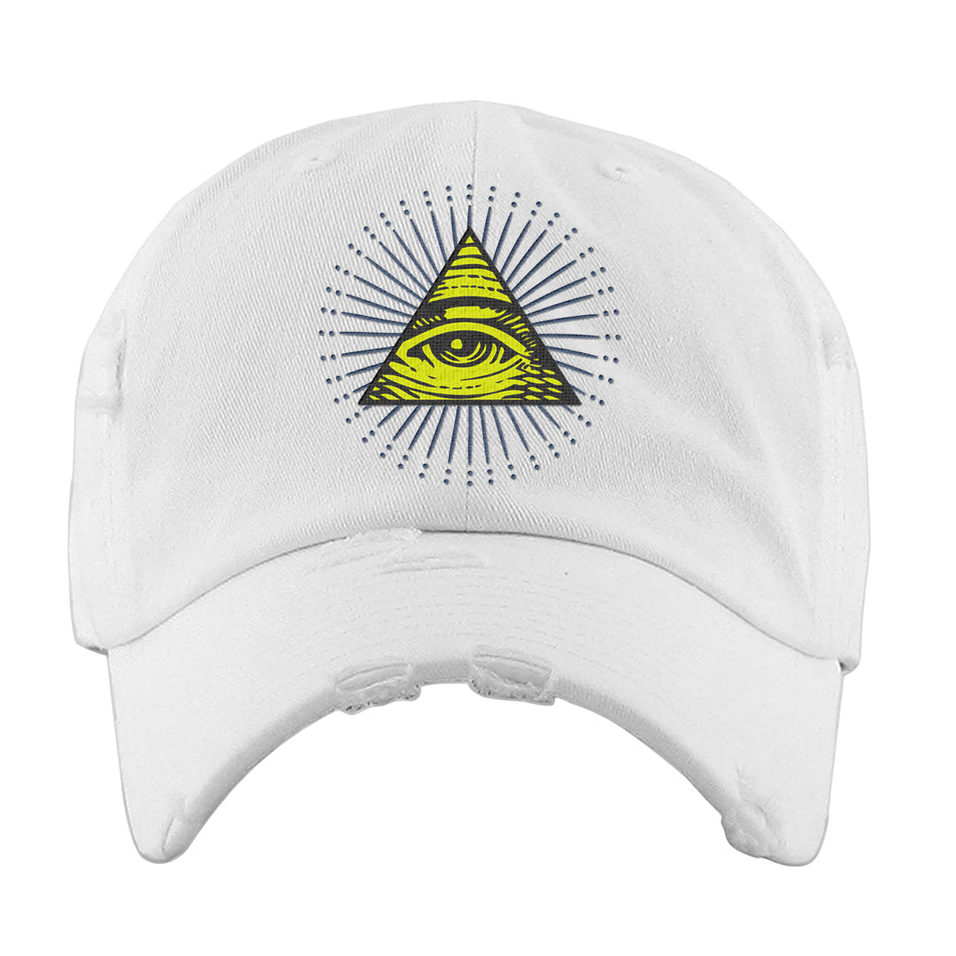 Atlantic Blue Voltage Yellow 97s Distressed Dad Hat | All Seeing Eye, White
