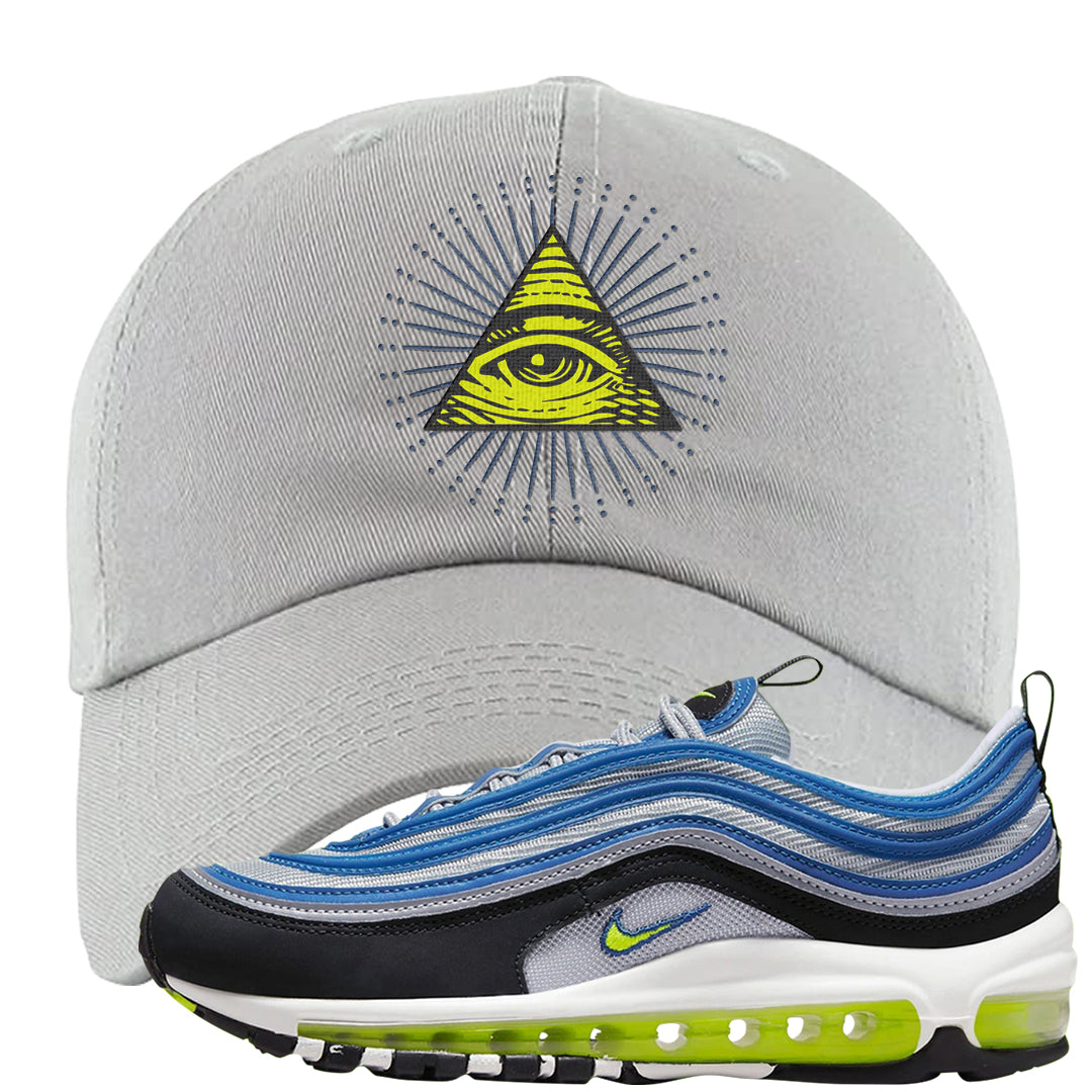 Atlantic Blue Voltage Yellow 97s Dad Hat | All Seeing Eye, Light Grey