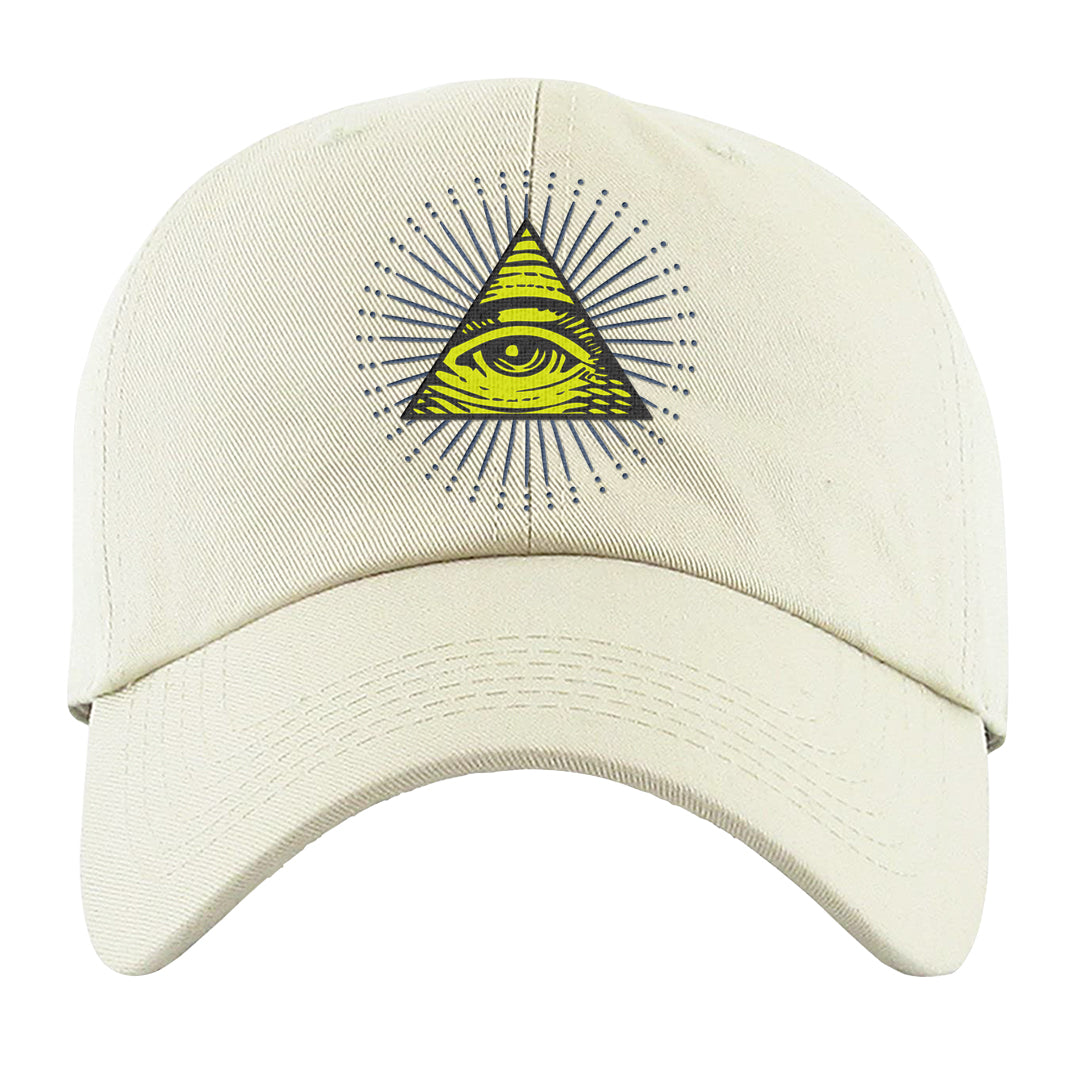 Atlantic Blue Voltage Yellow 97s Dad Hat | All Seeing Eye, White